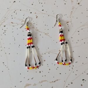 Handcrafted Red and Yellow Beaded Earrings With Porcupin Quill